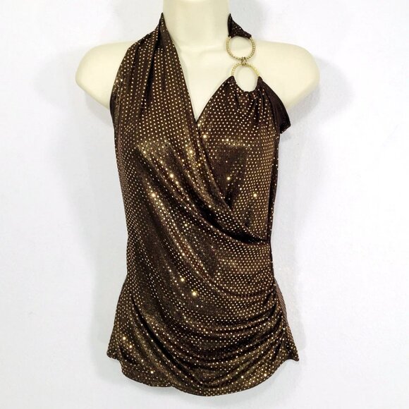 Vtg Y2K B Sharp Bronze/Gold Festival Top S/M Faux Wrap Ruched Jeweled Boho Fairy - Picture 5 of 9